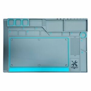 DOBLE MANTA WORKBENCH MAT GRIS – ANTIESTÁTICA XL CON BASE CELESTE Y COMPARTIMENTOS PARA REPARACIÓN